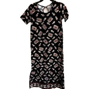 On White Dress, Women's Size Small Long Maxi Fish Design, Short Sleeve, EUC